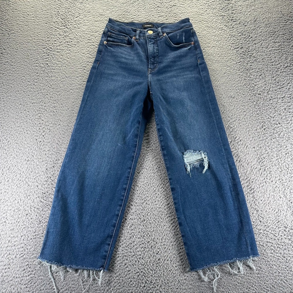 Express Jeans Womens 4 Blue Denim Wide Leg Cropped Stretch Frayed Hem Distressed